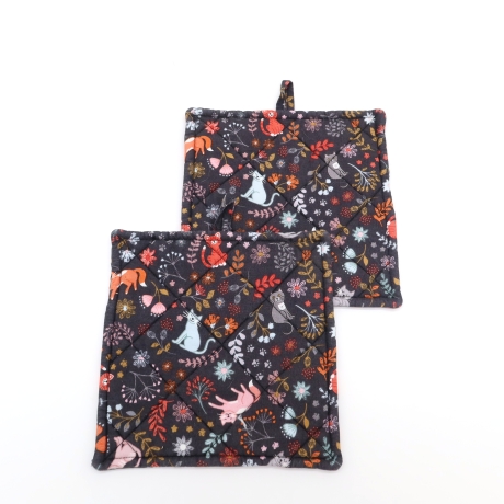 Topflappen 2er Set,, dunkelgrau, Katzen, floral, Geschenk, 