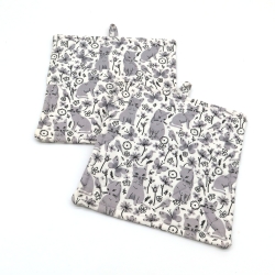 Topflappen 2er Set Geschenk für Katzenfans Grau Weiß Baumwolle