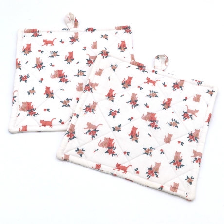Topflappen Rosen 2er Set Baumwolle 19x19 Katzen und Blumen