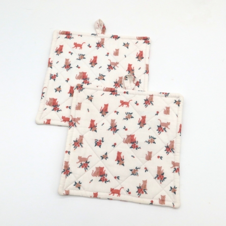 Topflappen Rosen 2er Set Baumwolle 19x19 Katzen und Blumen
