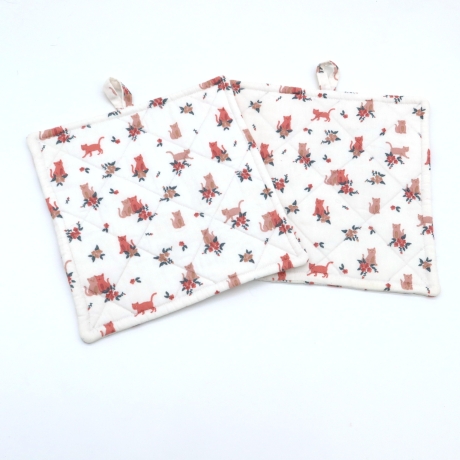 Topflappen Rosen 2er Set Baumwolle 19x19 Katzen und Blumen