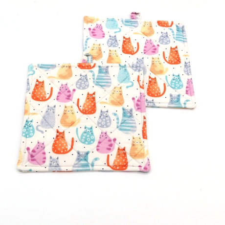 Topflappen Katzen 2er Set Baumwolle 19x19 cm –bunte Katzenmotive 