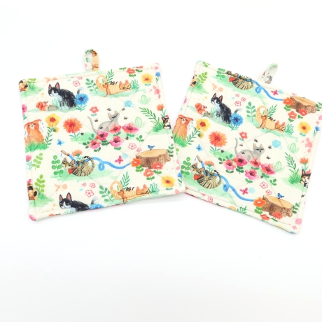 Topflappen 2er Set –  Katzen & Blumen Baumwolle Geschenk 
