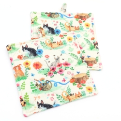 Topflappen 2er Set –  Katzen & Blumen Baumwolle Geschenk 