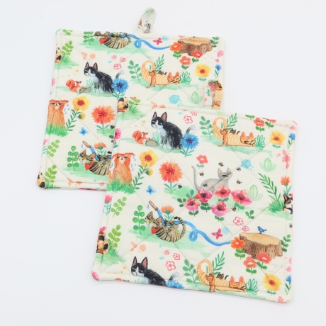 Topflappen 2er Set –  Katzen & Blumen Baumwolle Geschenk 
