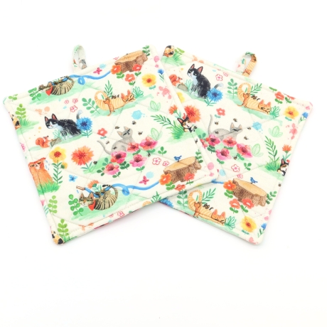 Topflappen 2er Set –  Katzen & Blumen Baumwolle Geschenk 