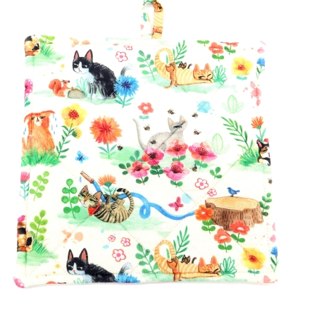 Topflappen 2er Set –  Katzen & Blumen Baumwolle Geschenk 