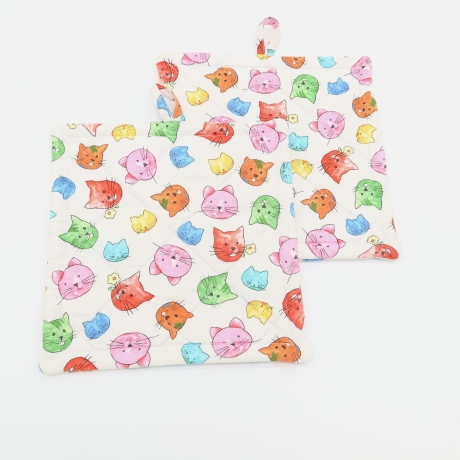 Topflappen Katzenköpfe 2er Set – Bunte Baumwolle Geschenk  Katze 