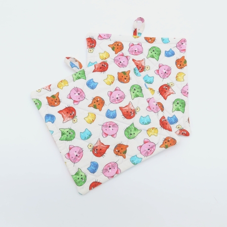 Topflappen Katzenköpfe 2er Set – Bunte Baumwolle Geschenk  Katze 