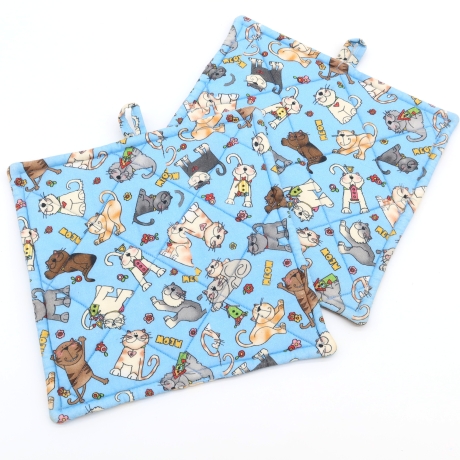 2er Set Topflappen Baumwolle Comic Katzen Motiv  Geschenkidee 