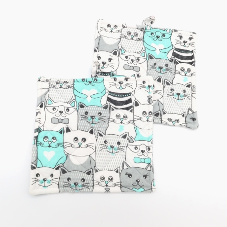 Topflappen Katzenmotiv 19x19 cm – Küchendeko Türkis Grau Geschenk