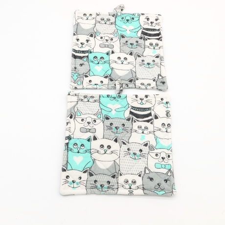 Topflappen Katzenmotiv 19x19 cm – Küchendeko Türkis Grau Geschenk