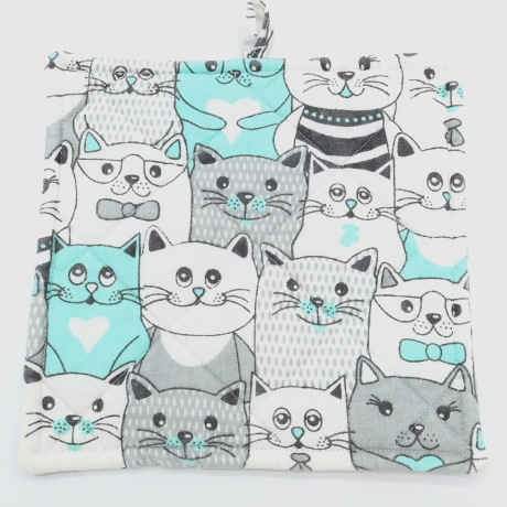 Topflappen Katzenmotiv 19x19 cm – Küchendeko Türkis Grau Geschenk