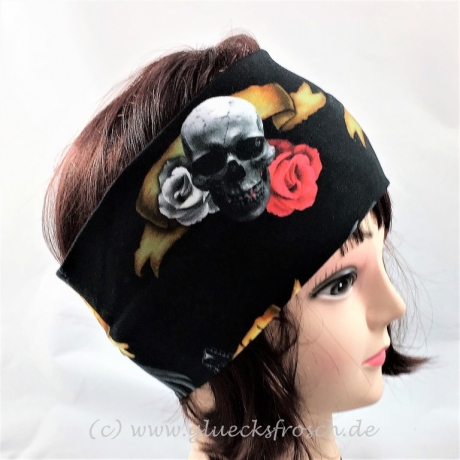 Stirnband schwarz mit Totenkopf, Gitarre und Rosen