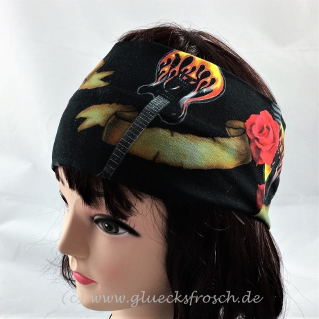 Stirnband schwarz mit Totenkopf, Gitarre und Rosen