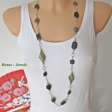 Edelstein Kette lang Jaspis grün Edelsteinkette Perlenkette