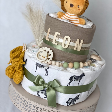 Windeltorte Safari in gelb und grün zur Babyparty oder Geburt
