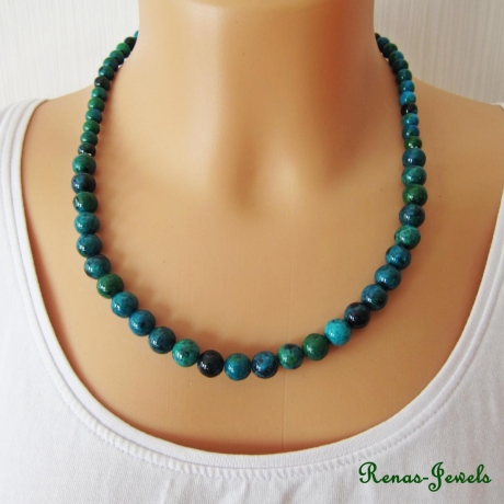 Edelstein Kette Chrysokoll grün blau Collier Perlenkette