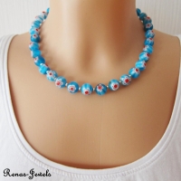 Glaskette blau Millefiori Perlen Kette kurz