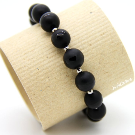 Onyx-Kugel-Armband (elastisch) in Schwarz mit Edelstahl-Kugeln