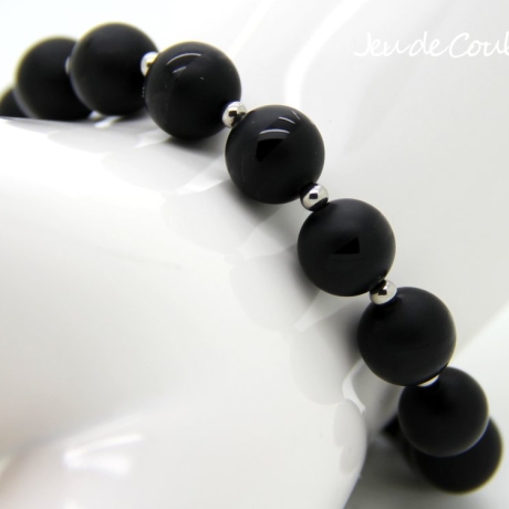 Onyx-Kugel-Armband (elastisch) in Schwarz mit Edelstahl-Kugeln
