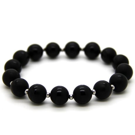 Onyx-Kugel-Armband (elastisch) in Schwarz mit Edelstahl-Kugeln