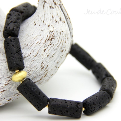 Lava-Walzen-Armband (elastisch) mit vergoldeten Silber-Elementen