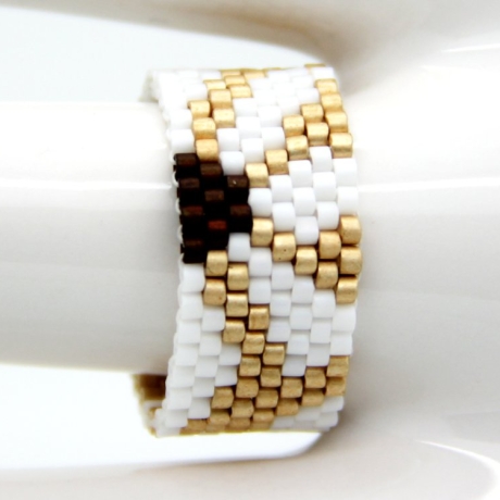 floraler Miyuki-Delica-Glasperlen-Ring in Gold, Weiß und Braun