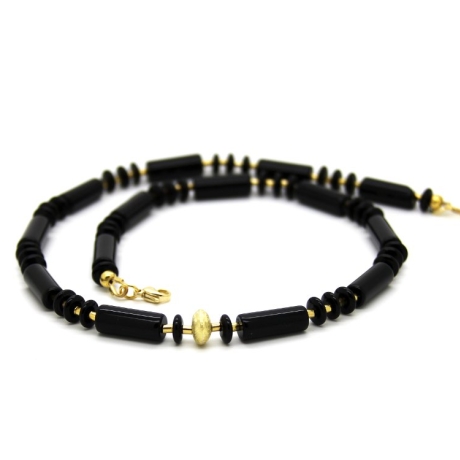 schwarze Onyx-Halskette mit vergoldeten Silber-Linse u. -Zylinder