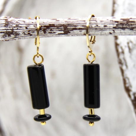 schwarze Onyx-Edelstahlcreolen mit Silber-Zylinder (vergoldet)