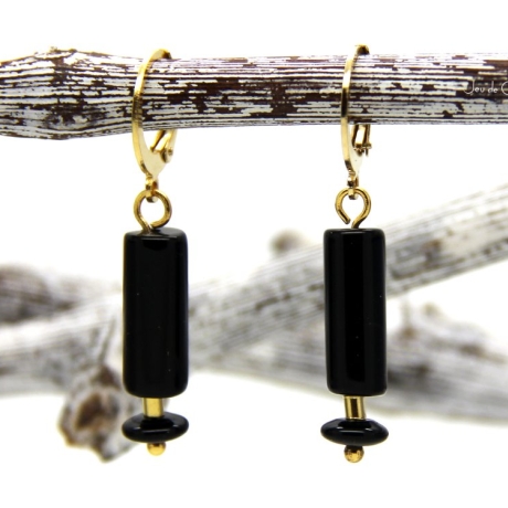 schwarze Onyx-Edelstahlcreolen mit Silber-Zylinder (vergoldet)