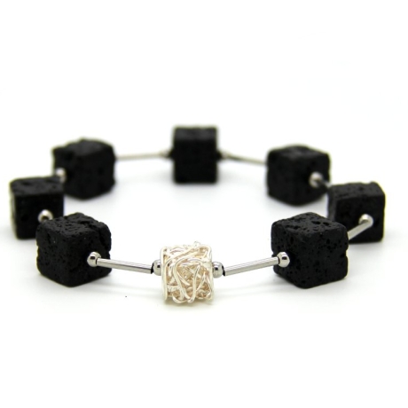 Lava-Armband (elastisch) mit Edelstahl- und Echtsilber-Elementen