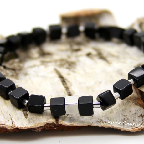 schwarzes Onyx-Würfel-Armband (elastisch) mit Edelstahl-Elementen
