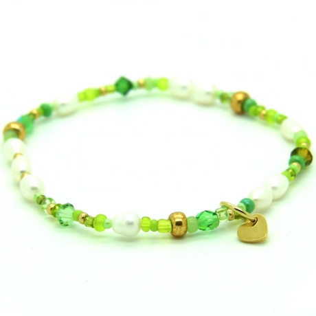 Süßwasserperlen-Armband (elastisch) in Weiß und Rocailles in Grün