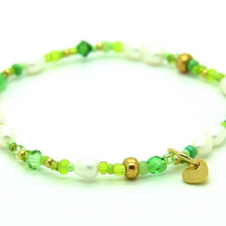 Süßwasserperlen-Armband (elastisch) in Weiß und Rocailles in Grün