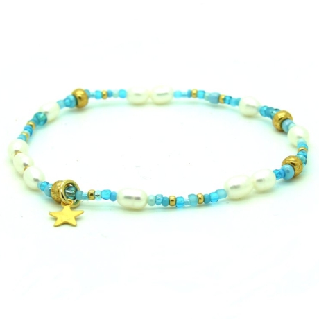 Süßwasserperlen-Armband (elastisch) in Weiß, Türkis und Gold