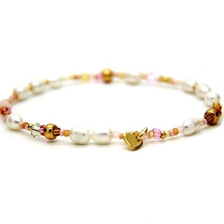 Süßwasserperlen-Armband (elastisch) in Weiß mit Rocailles in Rosa