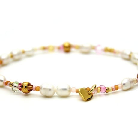 Süßwasserperlen-Armband (elastisch) in Weiß mit Rocailles in Rosa