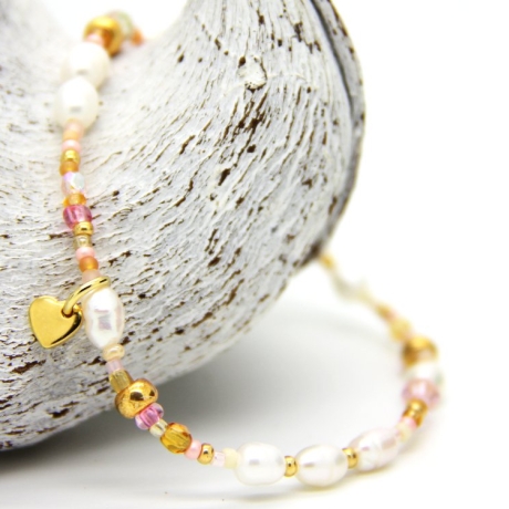 Süßwasserperlen-Armband (elastisch) in Weiß mit Rocailles in Rosa