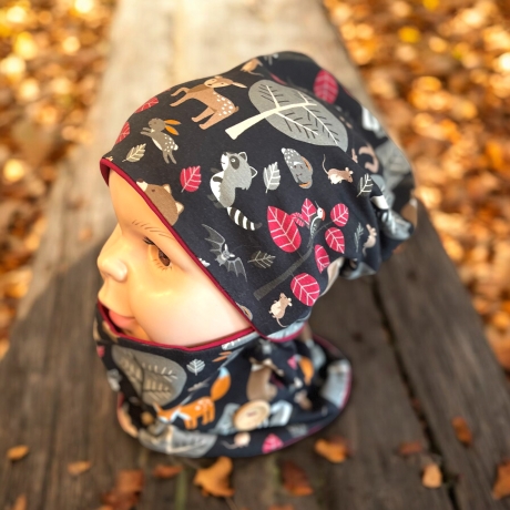 Mütze und Loop Set Kinder Waldtiere Herbst Mütze Jersey Halssocke