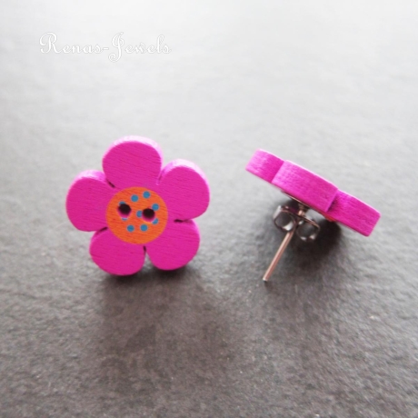 Holzohrstecker Blume Ohrstecker pink silberfarbig