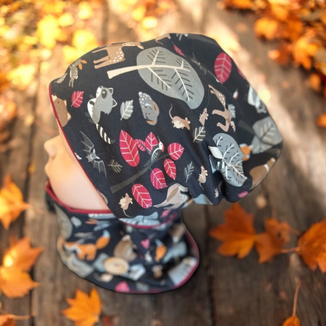 Mütze und Loop Set Kinder Waldtiere Herbst Mütze Jersey Halssocke
