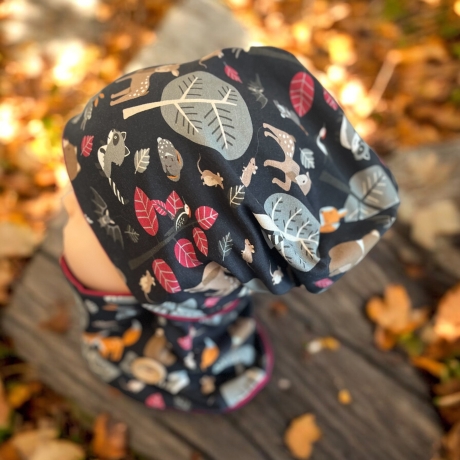 Mütze und Loop Set Kinder Waldtiere Herbst Mütze Jersey Halssocke