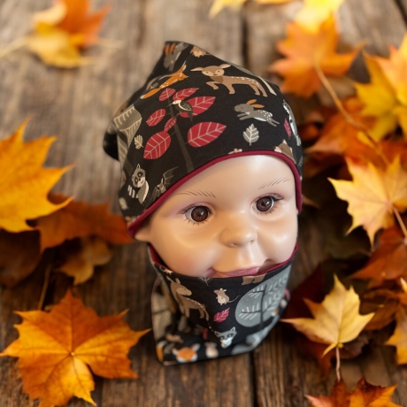 Mütze und Loop Set Kinder Waldtiere Herbst Mütze Jersey Halssocke