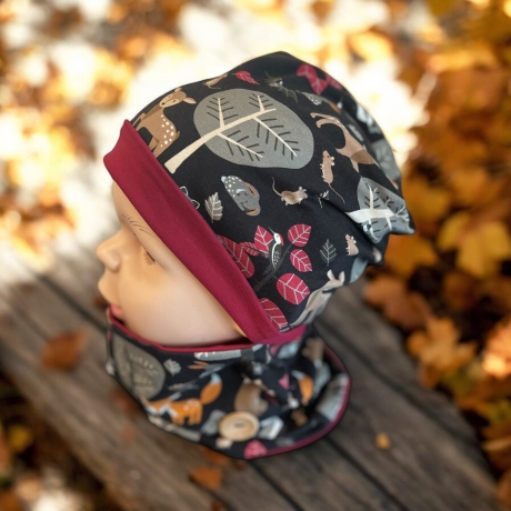 Mütze und Loop Set Kinder Waldtiere Herbst Mütze Jersey Halssocke