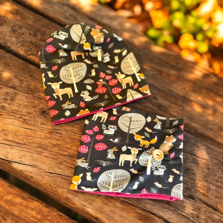 Mütze und Loop Set Kinder Waldtiere Herbst Mütze Jersey Halssocke
