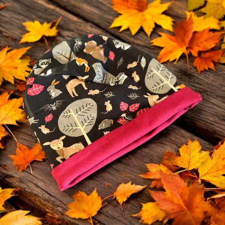 Mütze und Loop Set Kinder Waldtiere Herbst Mütze Jersey Halssocke
