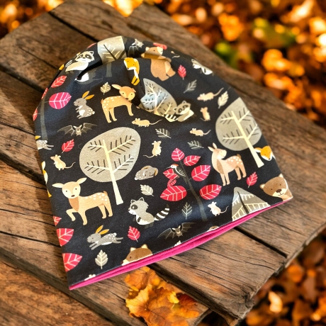 Mütze und Loop Set Kinder Waldtiere Herbst Mütze Jersey Halssocke