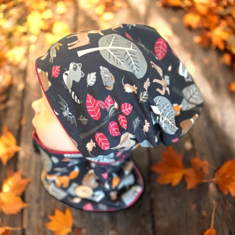 Mütze und Loop Set Kinder Waldtiere Herbst Mütze Jersey Halssocke