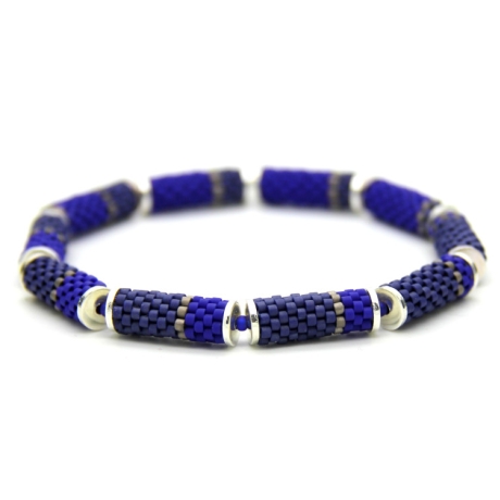 Armband (elastisch) aus Delica-Glasperlen in Blau, Grau u. Silber